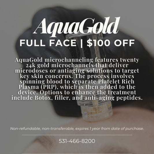 AquaGold microchanneling sale at Sakoon The Spa, best medical spa and day spa in Omaha, Nebraska. Anti-aging treatment for skin texture, wrinkles treatment, and skincare benefits.