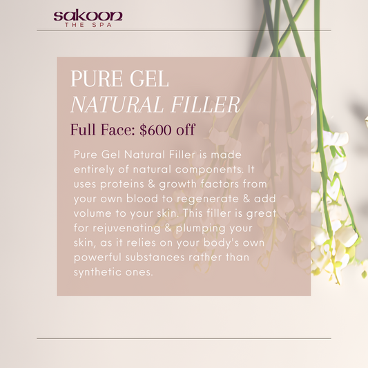 Medical spa sale for Pure Gel Natural Filler at Sakoon The Spa in Omaha, Nebraska. Pure Gel filler is is 100% natural and made from your own blood. It rejuvenates and restores volume to the face.