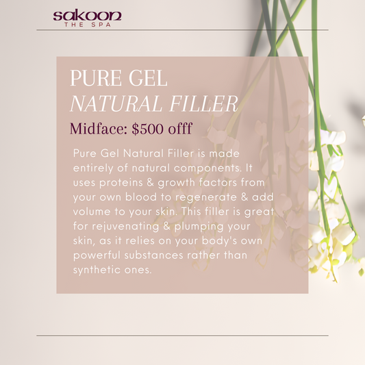 Medical spa sale for Pure Gel Natural Filler at Sakoon The Spa in Omaha, Nebraska. Pure Gel filler is is 100% natural and made from your own blood. It rejuvenates and restores volume to the face.