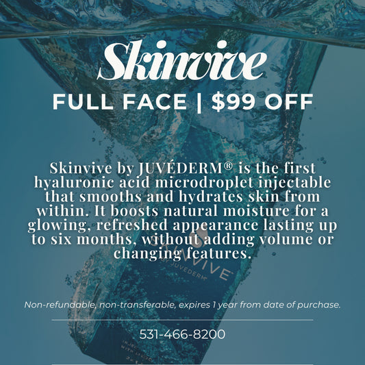 Skinvive by Juvederm sale at Sakoon The Spa, best day spa and medical spa in Omaha, Nebraska. Skinvive is a hydrating skincare treatment for dry skin, dull skin, and skin texture. 