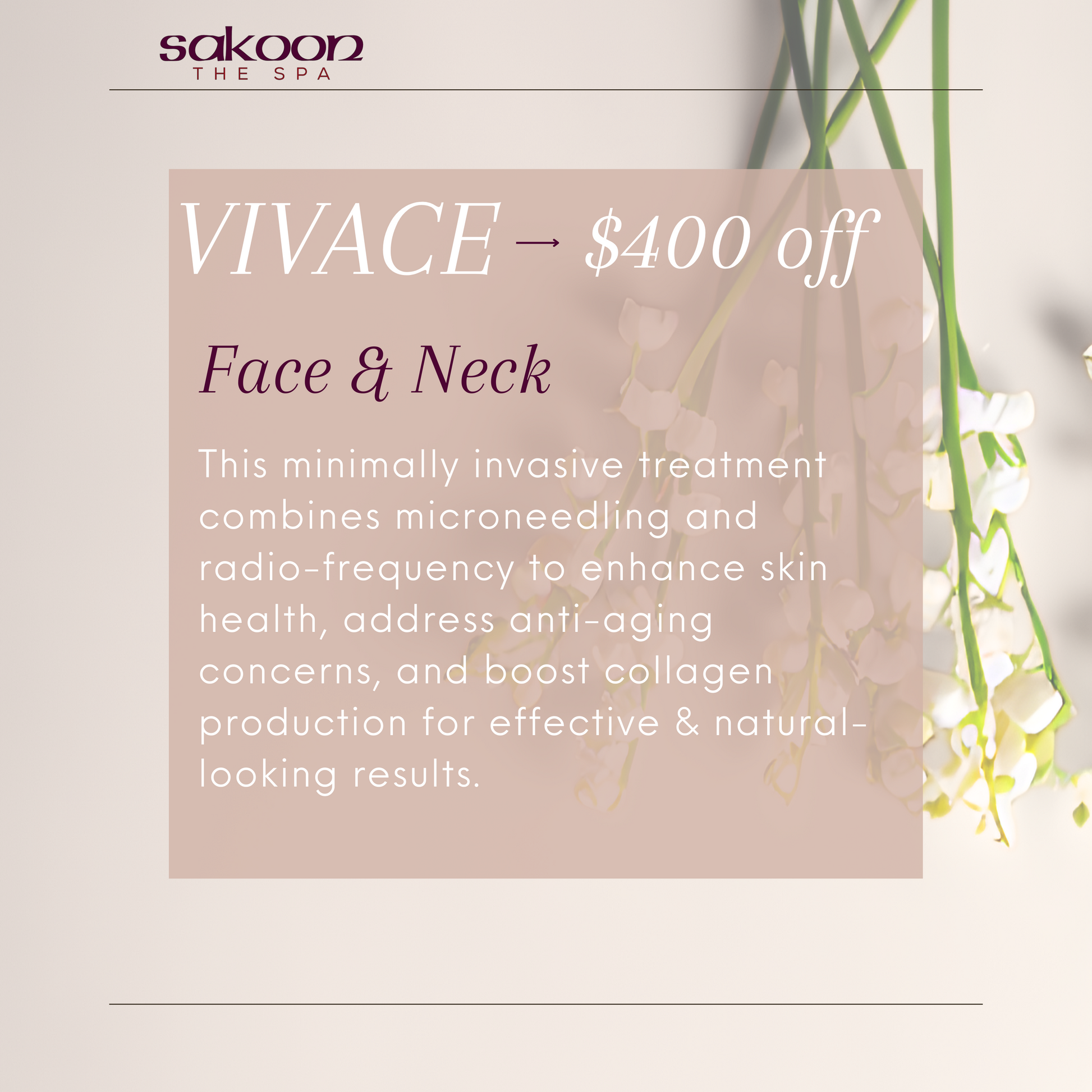 Medical spa sale for Vivace RF microneedling at Sakoon The Spa in Omaha, Nebraska. Vivace is used to target anti-aging concerns, improve skin health, and increase collagen production.