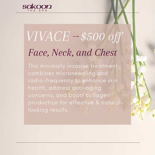 Medical spa sale for Vivace RF microneedling at Sakoon The Spa in Omaha, Nebraska. Vivace is used to target anti-aging concerns, improve skin health, and increase collagen production.